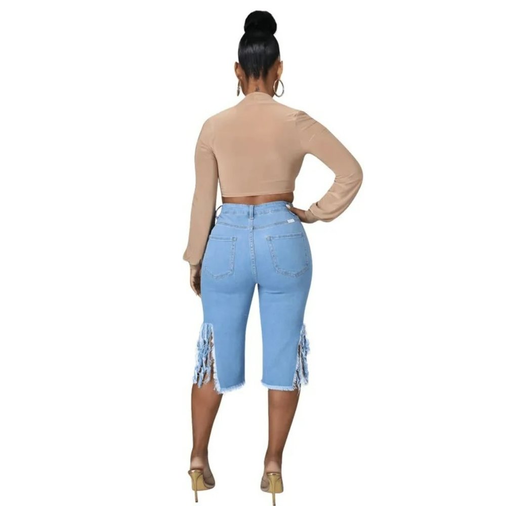 Black  Long Fringed Hole Stretch Jeans - Picture 3 of 7